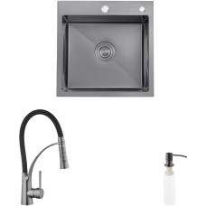 Комплект кухонная мойка Kroner Schwarze-5050HM PVD + смеситель Ersel-GRP03393BLK + дозатор Spender-026