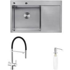 Комплект кухонная мойка Kroner Gebürstet-7849LHM + смеситель Edelstahl Klassisch-ESG03815BLK + дозатор Spender-016
