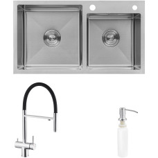 Комплект кухонная мойка Kroner Gebürstet-7843ZHM + смеситель Edelstahl Klassisch-ESG03815BLK + дозатор Spender-016