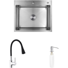 Комплект кухонная мойка Kroner Gebürstet-6050HM + смеситель Küche-C031BLK + дозатор Spender-016