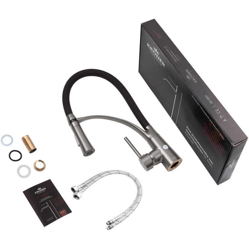 Комплект кухонная мойка Kroner Schwarze-6350HM PVD + смеситель Ersel-GRP03393BLK + дозатор Spender-SCH049