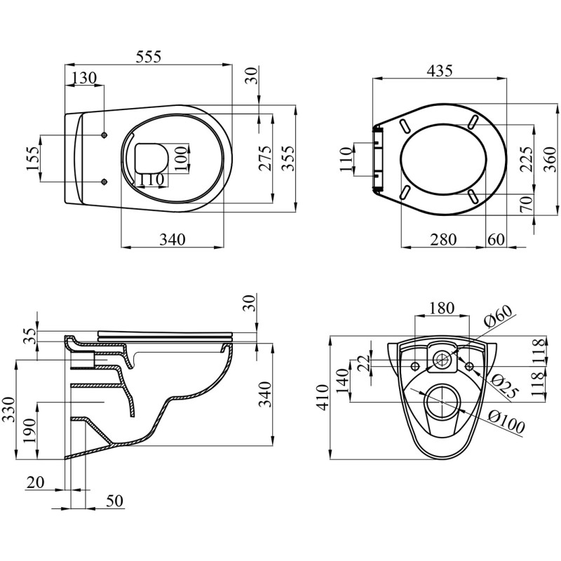 Унітаз підвісний безобідковий Kroner KRP - A534UF Rimless 410х355х555 мм, сидіння Slim Duroplast / Soft-close / Quick relase