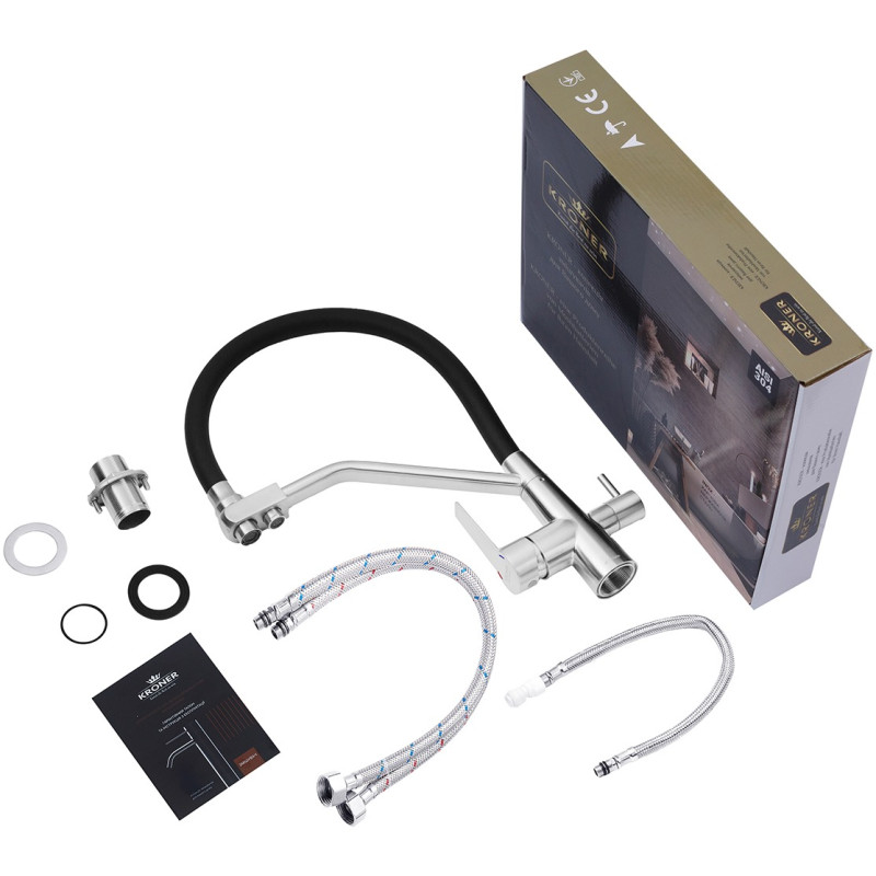 Комплект кухонная мойка Kroner Gebürstet-7843ZHM + смеситель Edelstahl Klassisch-ESG03817BLK + дозатор Spender-016