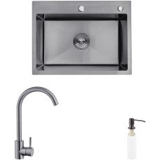 Комплект кухонна мийка Kroner Schwarze-5843HM PVD + змішувач Edelstahl Klassisch-SCH035PVD + дозатор Spender-026