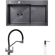 Комплект кухонна мийка Kroner Schwarze-7848LHM PVD + змішувач Edelstahl Klassisch-PVD03817BLK + дозатор Spender-026