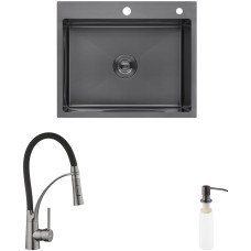 Комплект кухонная мойка Kroner Schwarze-6050HM PVD + смеситель Ersel - GRP03393BLK + дозатор Spender-026