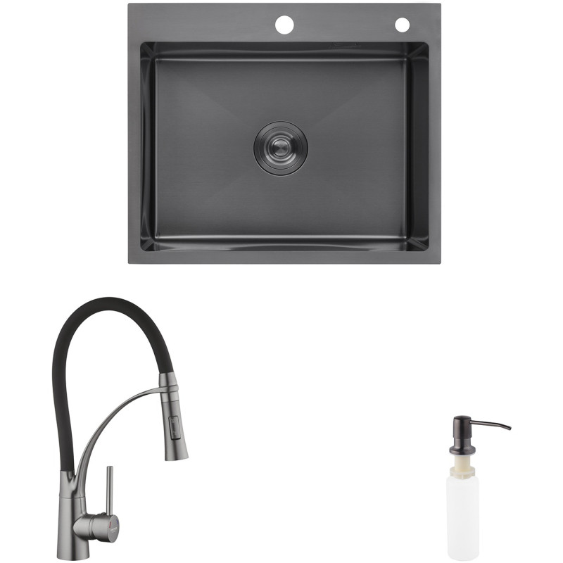 Комплект кухонная мойка Kroner Schwarze-6050HM PVD + смеситель Ersel - GRP03393BLK + дозатор Spender-026