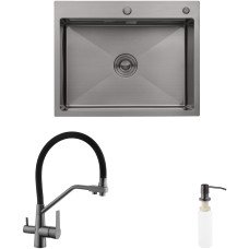 Комплект кухонная мойка Kroner Schwarze-6350HM PVD + смеситель Edelstahl Klassisch-PVD03817BLK + дозатор Spender-026