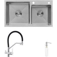 Комплект кухонная мойка Kroner Gebürstet-7843ZHM + смеситель Edelstahl Klassisch-ESG03817BLK + дозатор Spender-016