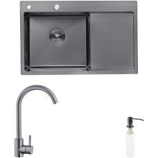 Комплект кухонная мойка Kroner Schwarze-7849LHM PVD + смеситель Edelstahl Klassisch-SCH035PVD + дозатор Spender-026