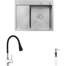 Комплект кухонна мийка Kroner Gebürstet-6350RHM + змішувач Küche-C031BLK + дозатор Spender-ECG049