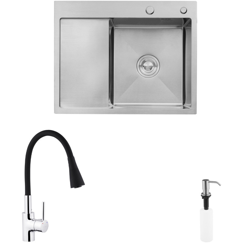 Комплект кухонная мойка Kroner Gebürstet-6350RHM + смеситель Küche-C031BLK + дозатор Spender-ECG049