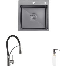Комплект кухонна мийка Kroner Schwarze-5050HM PVD + змішувач Ersel-GRP03393BLK + дозатор Spender-026