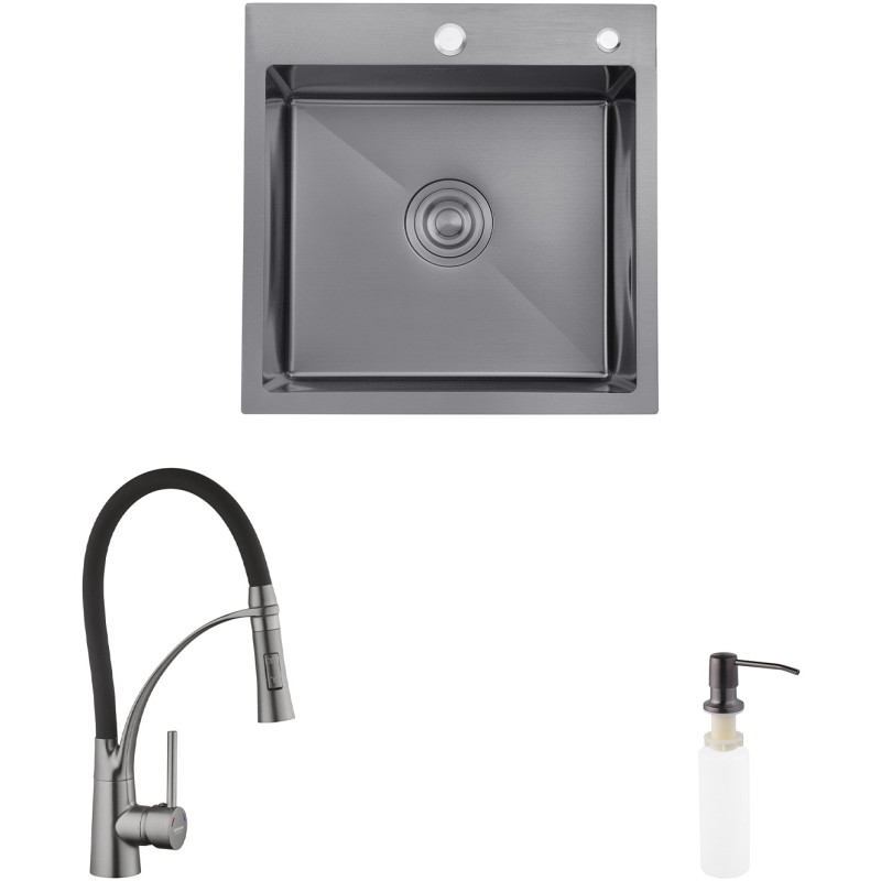 Комплект кухонна мийка Kroner Schwarze-5050HM PVD + змішувач Ersel-GRP03393BLK + дозатор Spender-026