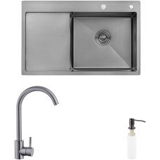Комплект кухонна мийка Kroner Schwarze-7849RHM PVD + змішувач Edelstahl Klassisch-SCH035PVD + дозатор Spender-026