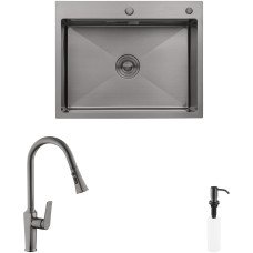 Комплект кухонная мойка Kroner Schwarze-6350HM PVD + смеситель Makon-GRP030-T + дозатор Spender-SCH049