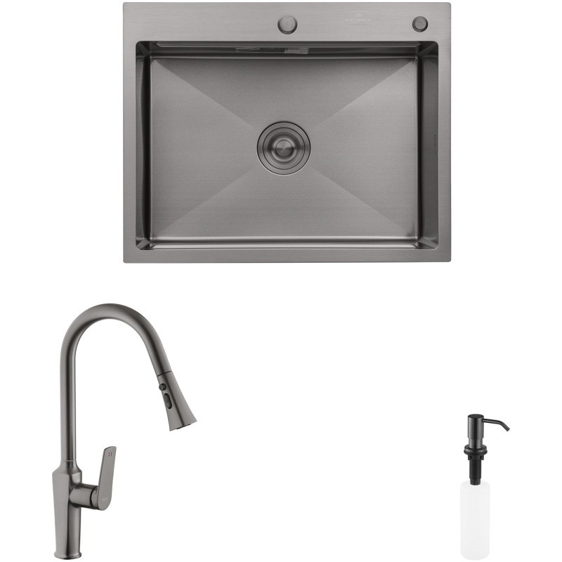Комплект кухонная мойка Kroner Schwarze-6350HM PVD + смеситель Makon-GRP030-T + дозатор Spender-SCH049