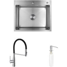 Комплект кухонная мойка Kroner Gebürstet-6050HM + смеситель Ersel-C03111BLK + дозатор Spender-016