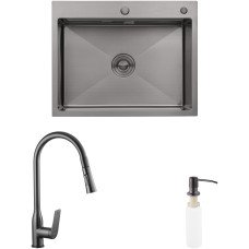 Комплект кухонна мийка Kroner Schwarze-6350HM PVD + змішувач Graz-GRP030 + дозатор Spender-026
