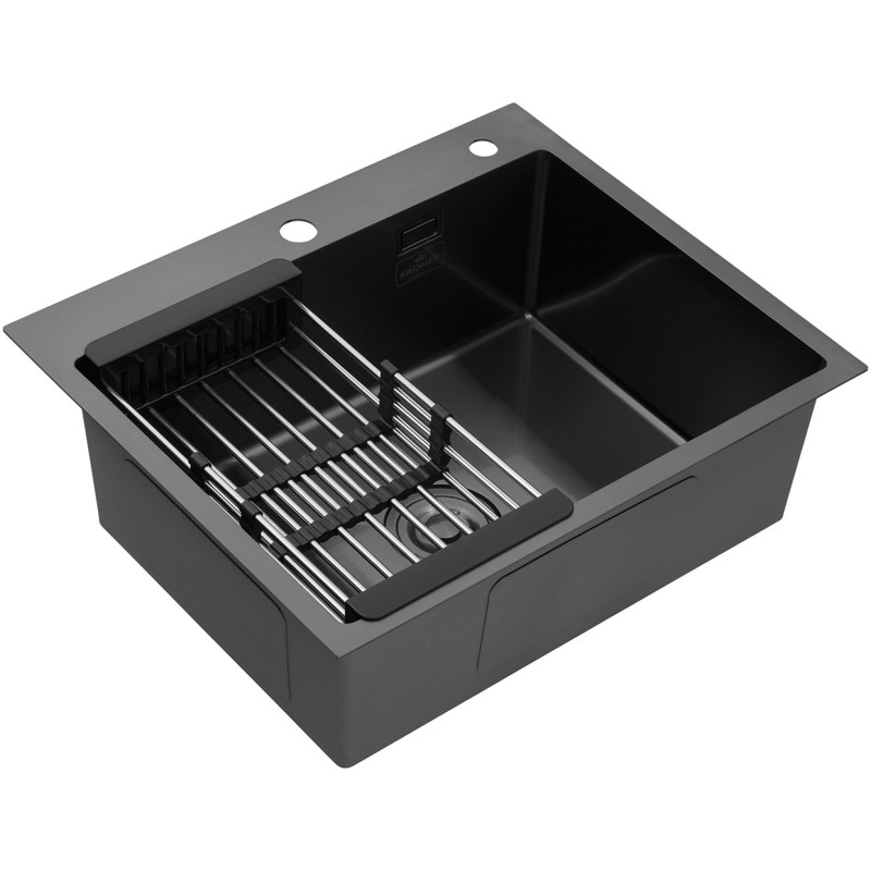 Комплект кухонна мийка Kroner Schwarze-6050HM PVD + змішувач Ersel-GRP03393BLK + дозатор Spender-026