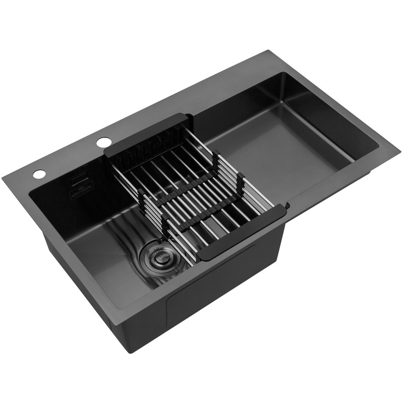 Комплект кухонна мийка Kroner Schwarze-7848LHM PVD + змішувач Edelstahl Klassisch-PVD03817BLK + дозатор Spender-026