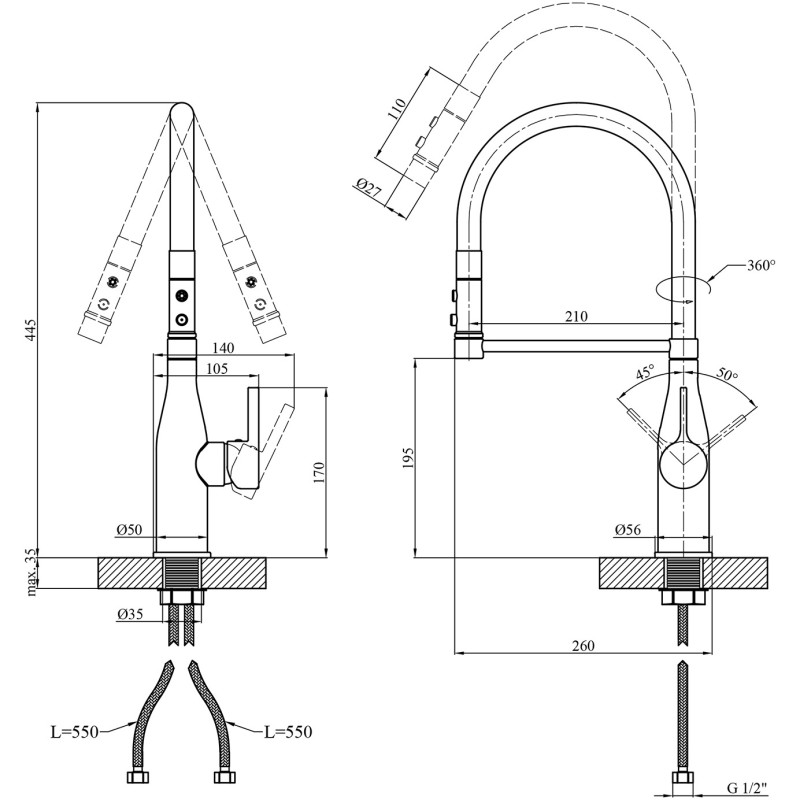 Комплект кухонна мийка Kroner Gebürstet-6050HM + змішувач Ersel-C03111BLK + дозатор Spender-016