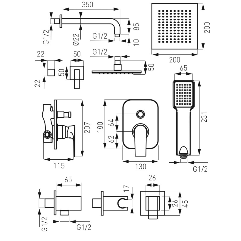 Душевая система скрытого монтажа Ferro Squerto SET-SQ1-P