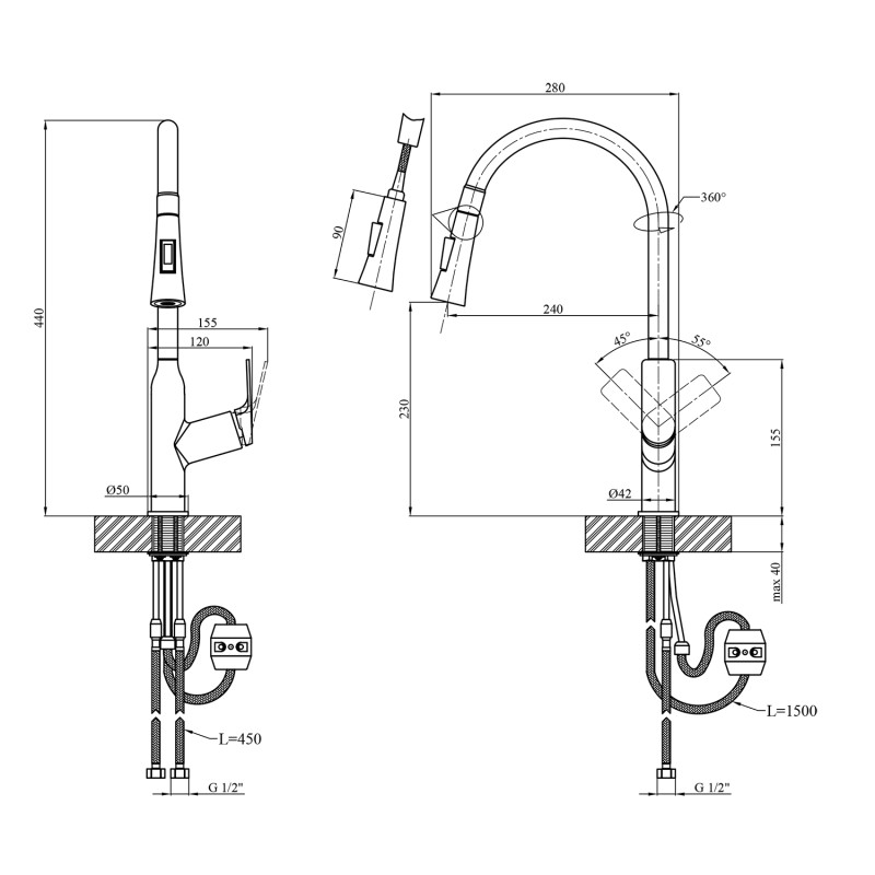 Набор 3 в 1 кухонная мойка Kroner Derby KRP PVD-5050HM + смеситель для кухни Kroner KRP Graz - GRP030-T + дозатор