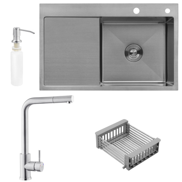 Набор 3 в 1 кухонная мойка Kroner KRP Gebürstet-7849RHM+ смеситель для кухни Kroner KRP Edelstahl Klassisch-ESG03917+дозатор