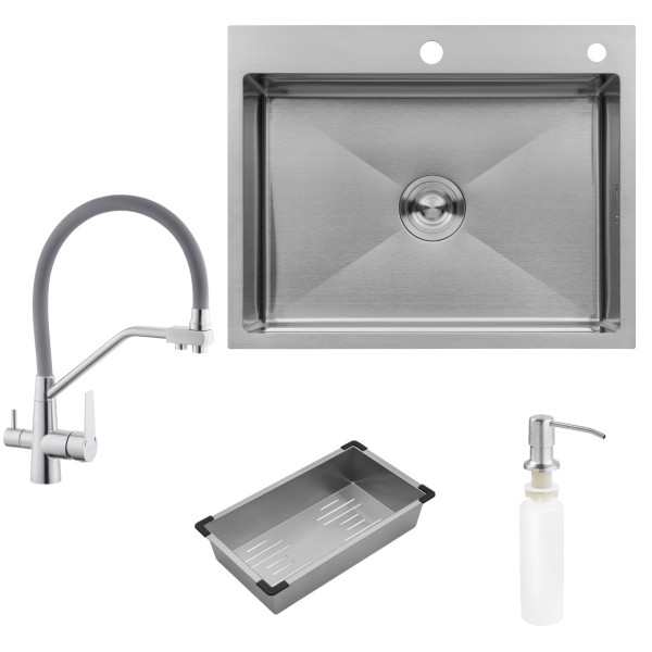  Набор 3 в 1 кухонная мойка Kroner KRP Gebürstet-6350HM+ смеситель для кухни Kroner KRP Edelstahl Klassisch-ESG03817GRA+дозатор