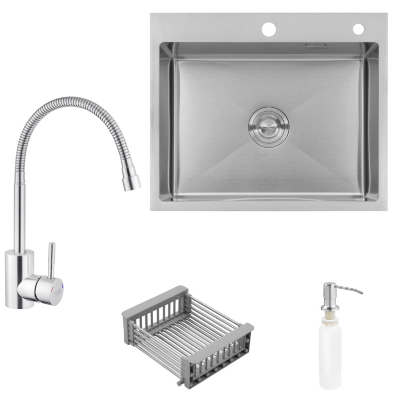  Набор 3 в 1 кухонная мойка Kroner KRP Gebürstet-6050HM+ смеситель для кухни Kroner KRP Edelstahl Klassisch-ESG035-1+дозатор