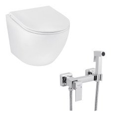 Унітаз підвісний Kroner Harz WHI493736 RIMLESS безобідковий + Змішувач для біде Kroner KRP Edelstahl Kubus - CHR052 з гігієнічним душем