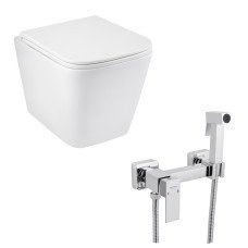 Унітаз підвісний Kroner Eifel WHI493436 RIMLESS безобідковий + Змішувач для біде Kroner KRP Edelstahl Kubus - CHR052 з гігієнічним душем