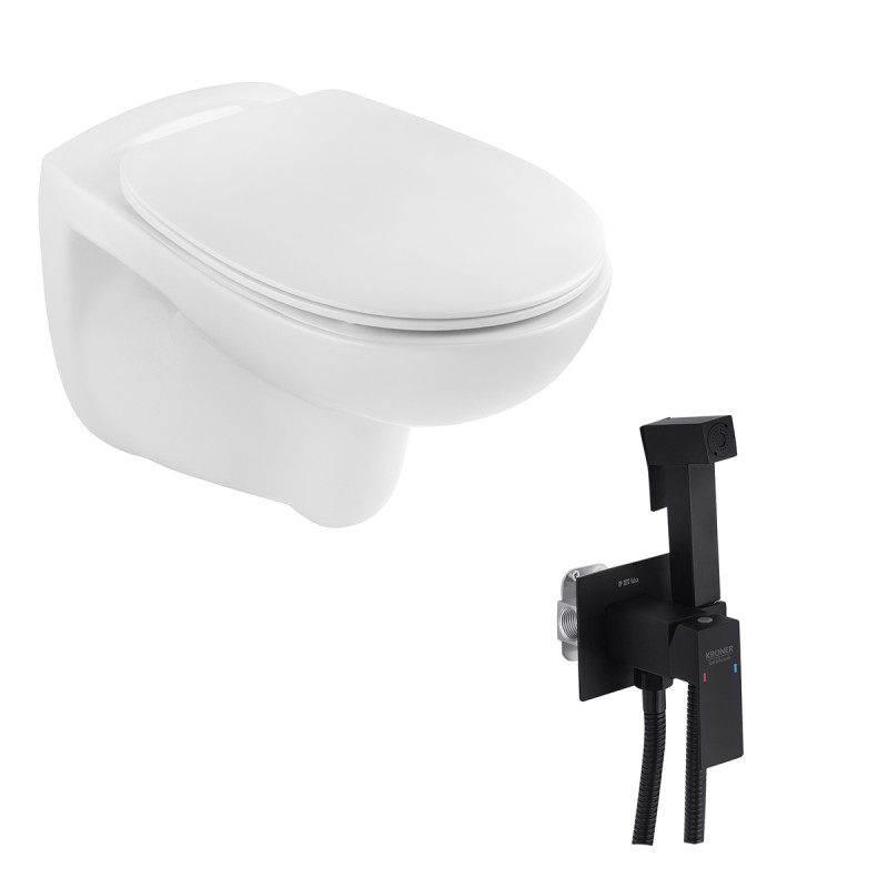 Унітаз підвісний Kroner KRP - A534UF Rimless 410х355х555 мм + Змішувачі з гігієнічним душем Kroner KRP Edelstahl Kubus - SCH053