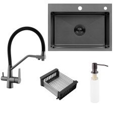  Набор 3 в 1 кухонная мойка Kroner KRP Schwarze - 5843HM PVD + смеситель Kroner KRP Edelstahl Klassisch - PVD03817BLK + дозатор