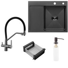  Набор 3 в 1 кухонная мойка Kroner KRP Schwarze - 6350RHM PVD + смеситель Kroner KRP Edelstahl Klassisch - PVD03817BLK + дозатор