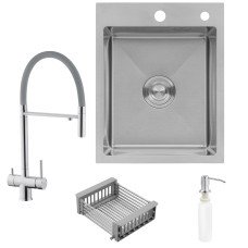  Набор 3 в 1 кухонная мойка Kroner KRP Gebürstet-4050HM+ смеситель для кухни Kroner KRP Edelstahl Klassisch-ESG03815GRA+дозатор