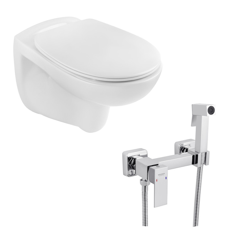 Унитаз подвесной Kroner KRP - A534UF Rimless 410х355х555 мм + Смеситель для биде Kroner KRP Edelstahl Kubus - CHR052 с гигиеническим душем