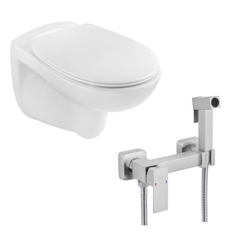 Унитаз подвесной Kroner KRP-A534UF Rimless 410х355х555 мм + Смеситель для биде Kroner KRP Edelstahl Kubus-ESG052 с гигиеническим душем