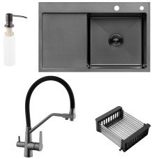 Набор 3 в 1 кухонная мойка Kroner KRP Schwarze - 7849RHM PVD + смеситель Kroner KRP Edelstahl Klassisch - PVD03817BLK + дозатор