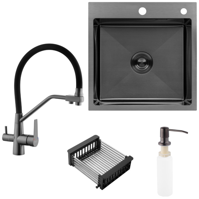 Набор 3 в 1 кухонная мойка Kroner KRP Schwarze - 5050HM PVD + смеситель Kroner KRP Edelstahl Klassisch - PVD03817BLK + дозатор