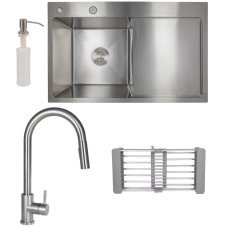 Набір 3 в 1 мийка для кухні інтегрована Lidz Handmade H7849R крило праворуч + Змішувач для кухні Lidz Aria 015FL2 + дозатор