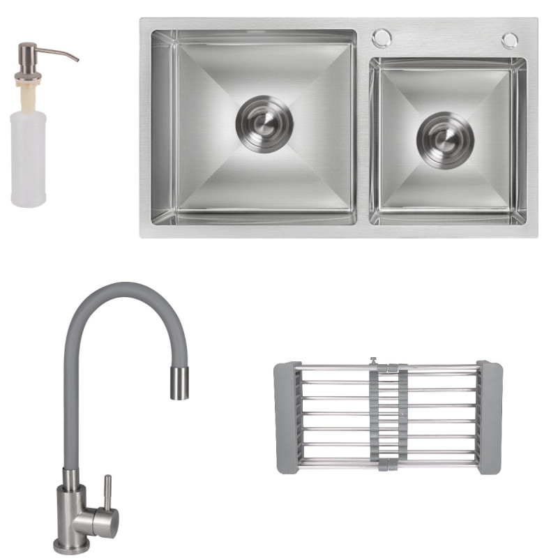 Набір 3 в 1 мийка для кухні з двома чашами інтегрована Lidz Handmade H7843 + Змішувач для кухні Lidz Aria 015F3 + дозатор