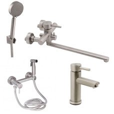 Набор 3 в 1 Смеситель для раковины Lidz Aria 001F + Смеситель для ванны Lidz Aria 005 Nickel + Набор гигиенический Lidz Aria 110 Nickel