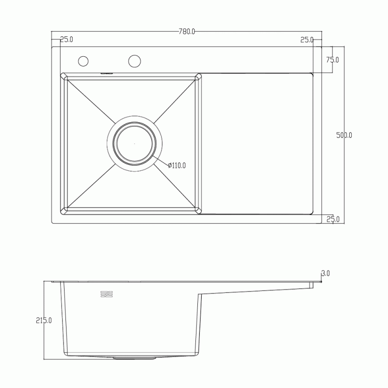Мойка для кухни ITAL 780x500x215мм (3.0/0.8 мм) ID 7850 LB PVD Black
