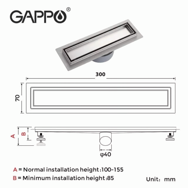 Душевой трап под плитку GAPPO G83007-4, 70х300 мм, нержавеющая сталь.