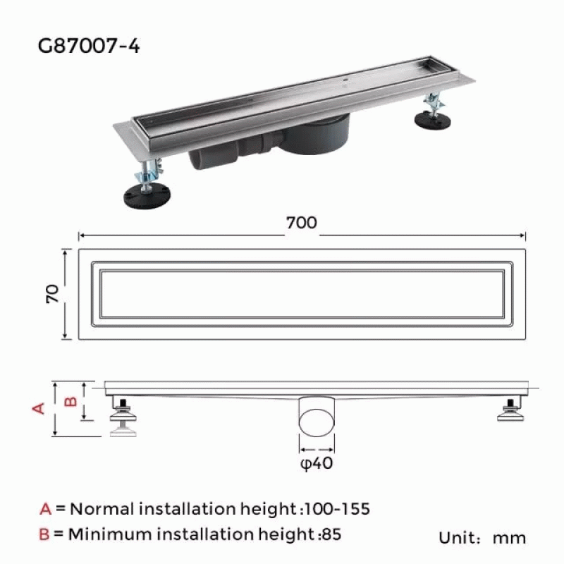 Линейный трап под плитку GAPPO G87007-4, 70х700 мм, нержавеющая сталь.