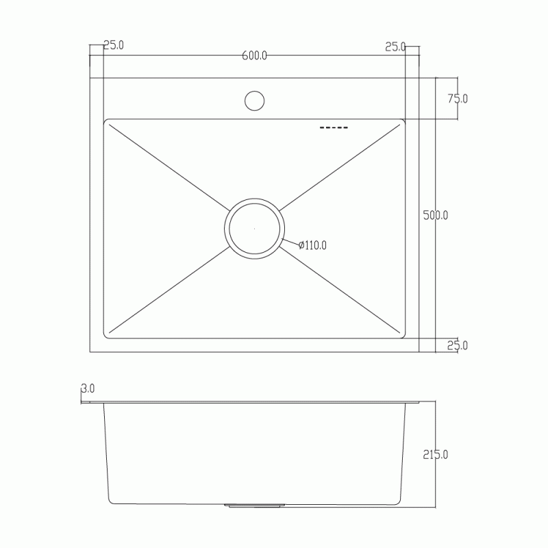Мойка для кухни ITAL 600x500x215мм (3.0/0.8мм) ID 6050-G PVD Grey