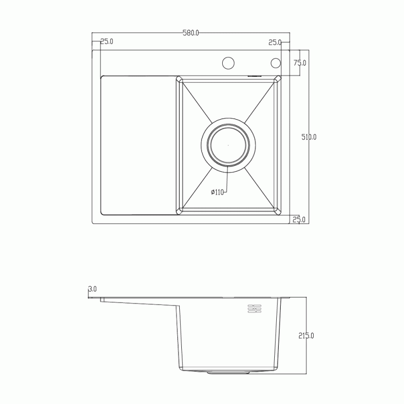 Мойка для кухни ITAL 580x510x215мм (3.0/0.8 мм) ID 5851 RB PVD Black