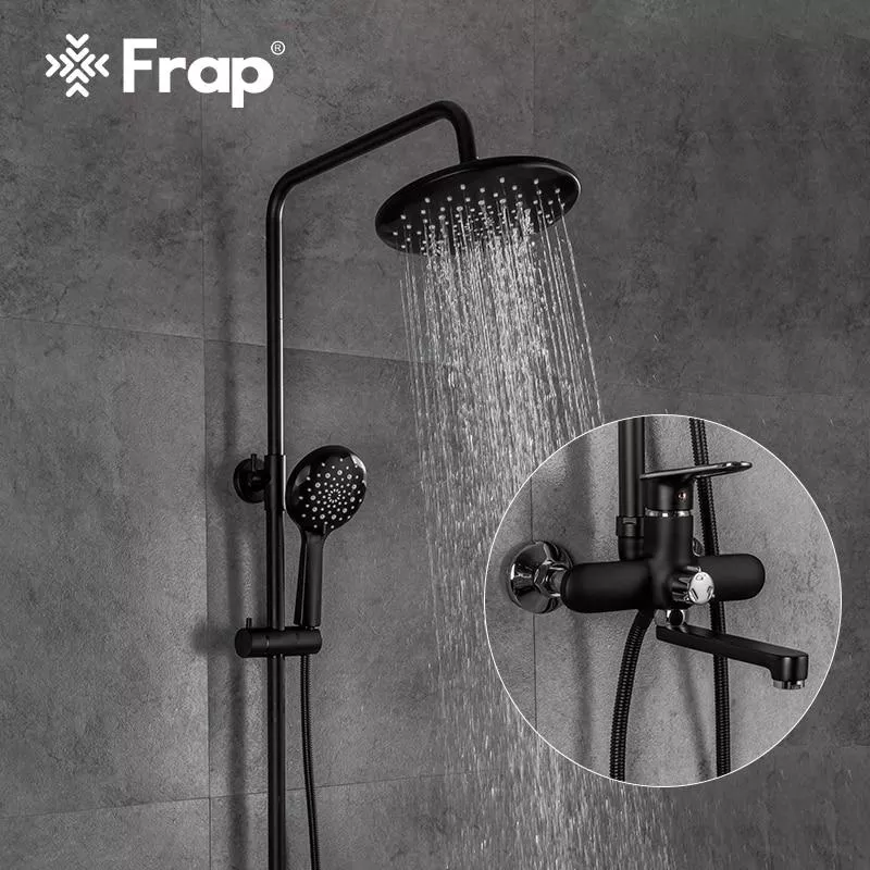 Душевая система Frap F2449-6, поворотный излив - переключатель на лейку, 3 режима, черный/хром